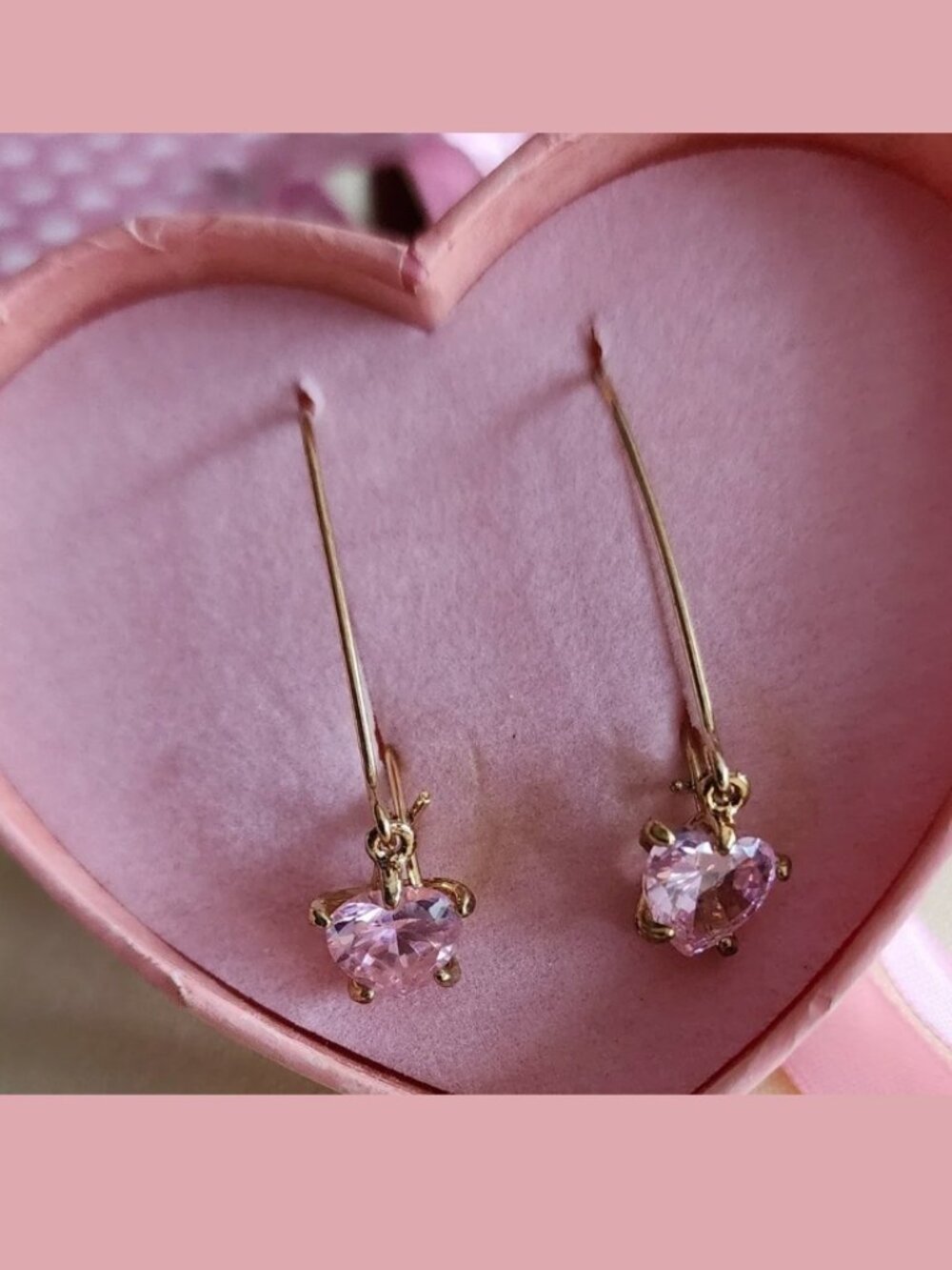 Cubic Zirconia Pink Heart Gold Tone Earrings